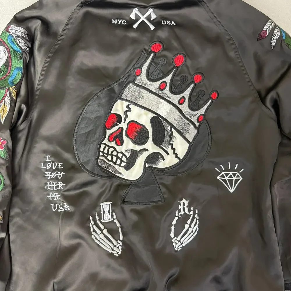 Reason NYC Satin Bomber Jacket Mens L Black Embroidered Skull Snake Varsity
